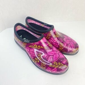 Sloggers Purple Flowers Women's Waterproof Rain Garden Slip On Shoes Size 11 EUC